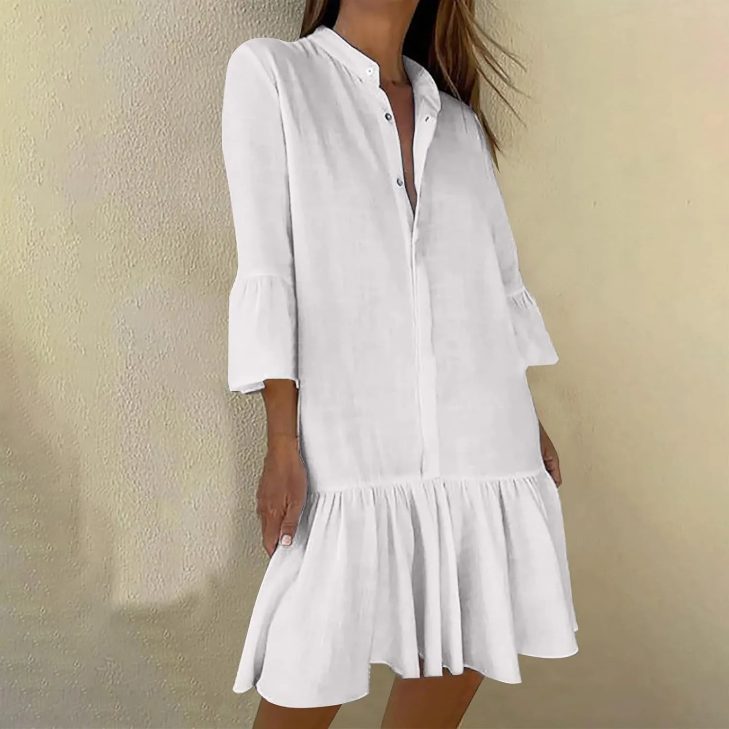 2025 Shift Shirt Dress for Women 3/4 Sleeve Button Collared Pleated Ruffle Hem Midi Dresses Summer Clothes