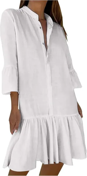 2025 Shift Shirt Dress for Women 3/4 Sleeve Button Collared Pleated Ruffle Hem Midi Dresses Summer Clothes