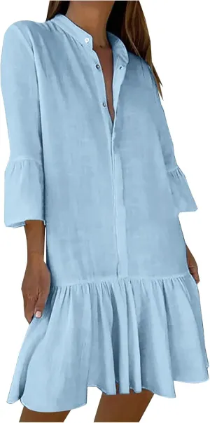 2025 Shift Shirt Dress for Women 3/4 Sleeve Button Collared Pleated Ruffle Hem Midi Dresses Summer Clothes