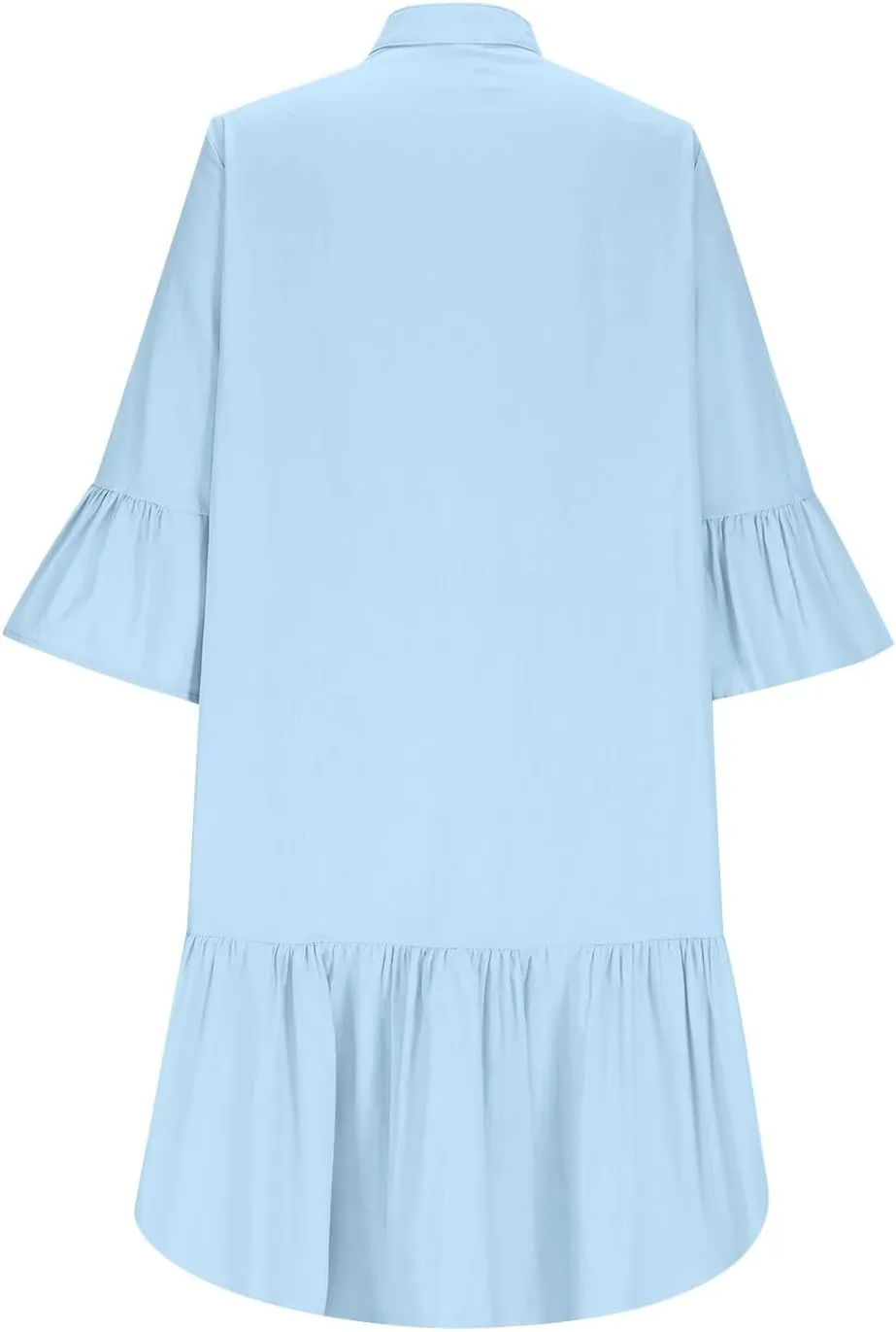 2025 Shift Shirt Dress for Women 3/4 Sleeve Button Collared Pleated Ruffle Hem Midi Dresses Summer Clothes