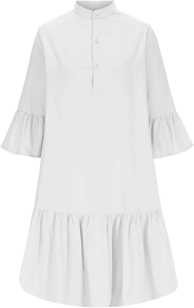 2025 Shift Shirt Dress for Women 3/4 Sleeve Button Collared Pleated Ruffle Hem Midi Dresses Summer Clothes