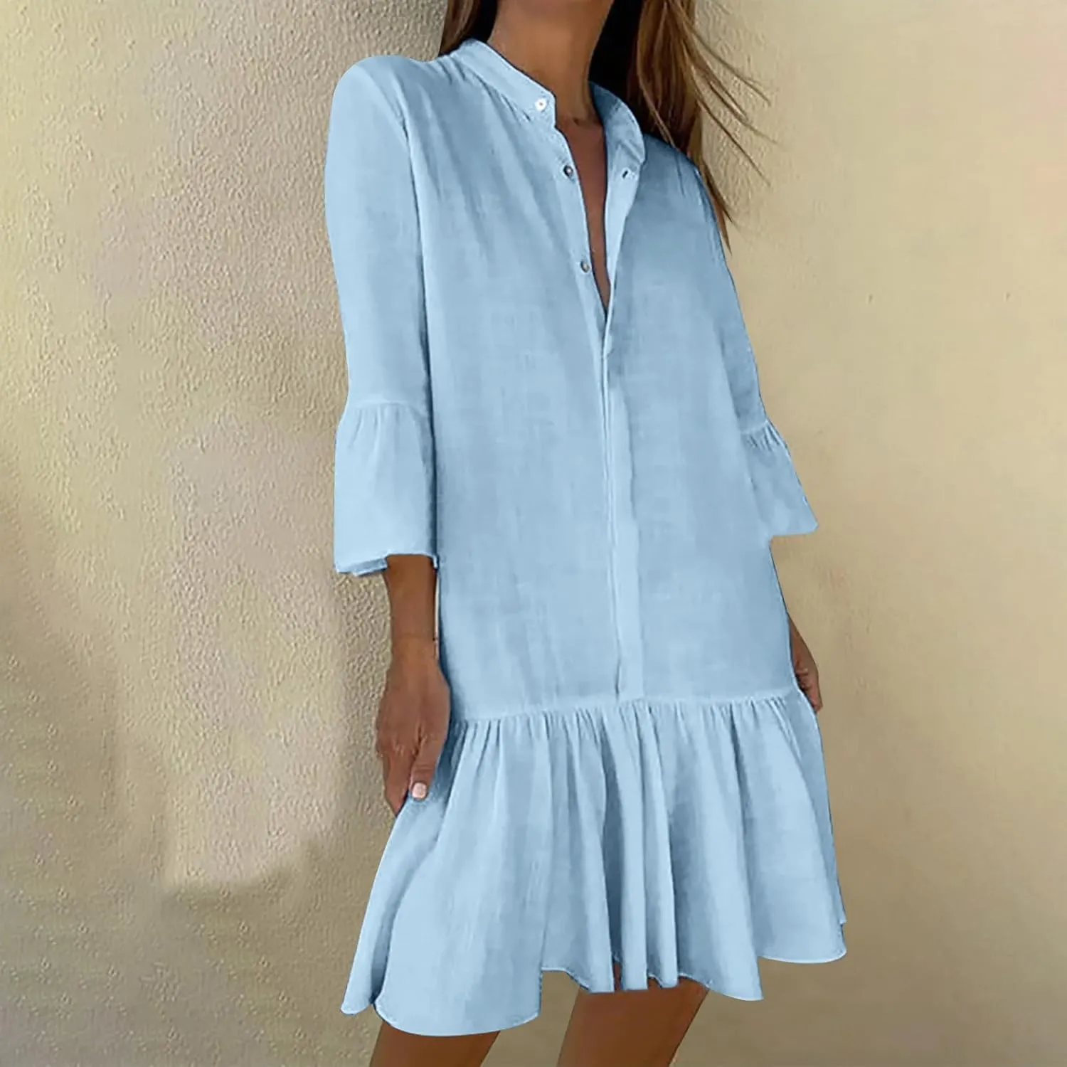 2025 Shift Shirt Dress for Women 3/4 Sleeve Button Collared Pleated Ruffle Hem Midi Dresses Summer Clothes