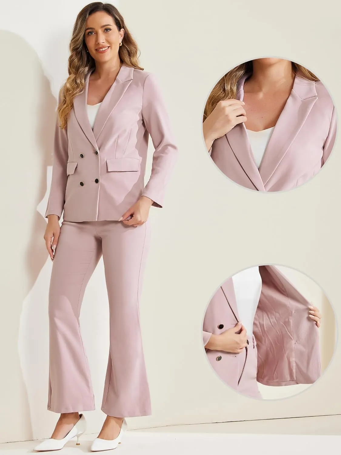 Allegra K 2 Piece Work Suit for Women's Business Formal Double-Breasted Blazer and Pants Set
