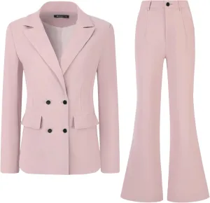 Allegra K 2 Piece Work Suit for Women's Business Formal Double-Breasted Blazer and Pants Set