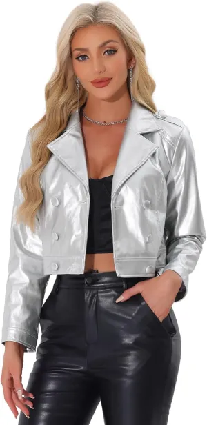 Allegra K Metallic Jacket for Women's Double Breasted Notch Lapel Disco Party Shiny Holographic Jackets