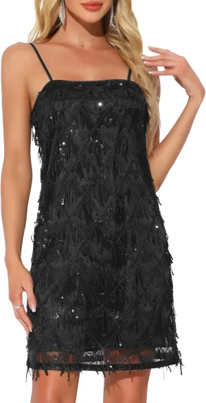 Allegra K Sequin Dress for Women's Flapper Dress Tassel Fringe Spaghetti Straps Cocktail Party Mini Sparkly Dresses