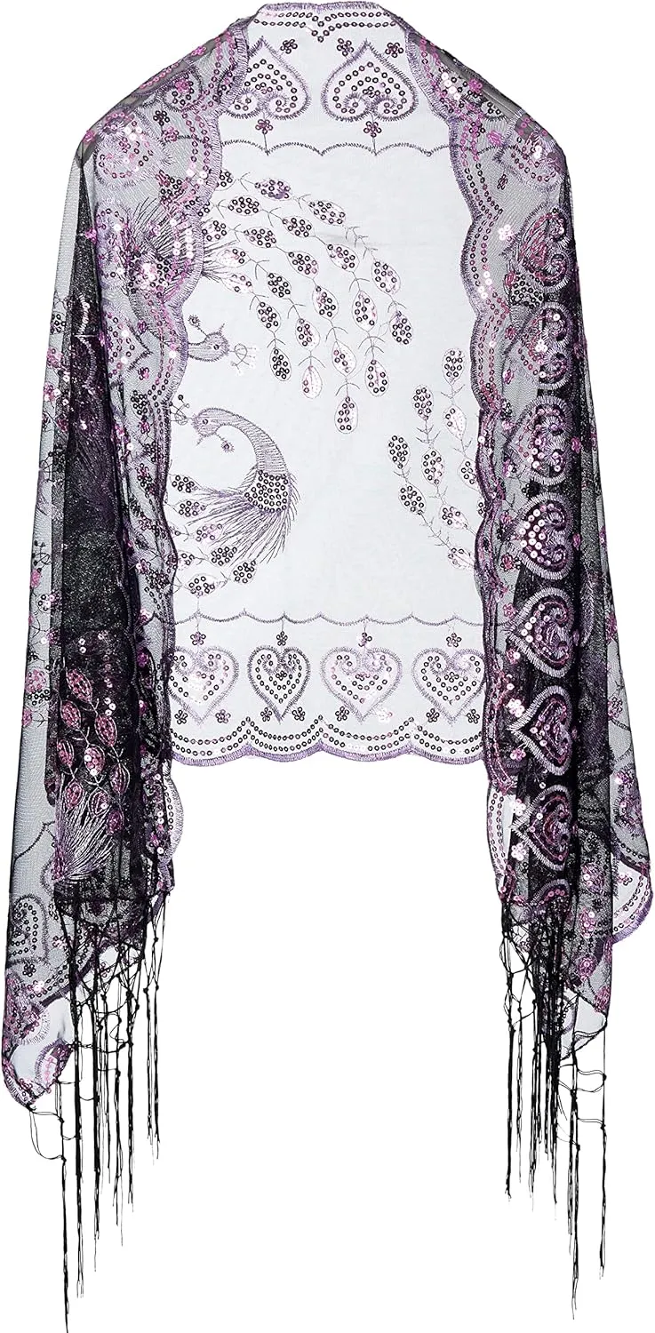 BABEYOND 1920s Sequined Shawl Wraps for Women Fringed Evening Cape Wedding Bridal Shawl Scarf for Evening Dresses Party