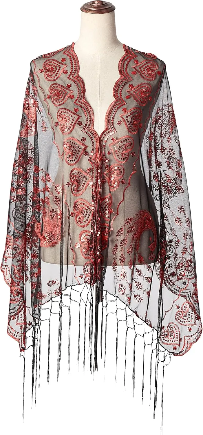BABEYOND 1920s Sequined Shawl Wraps for Women Fringed Evening Cape Wedding Bridal Shawl Scarf for Evening Dresses Party