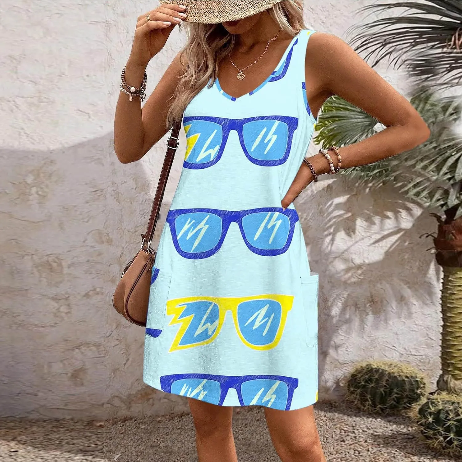 Beach Dresses Womens 2025 Vacation Sundress Summer Casual Boho Print Dress Sleeveless Crewneck Loose Short Tank Dress