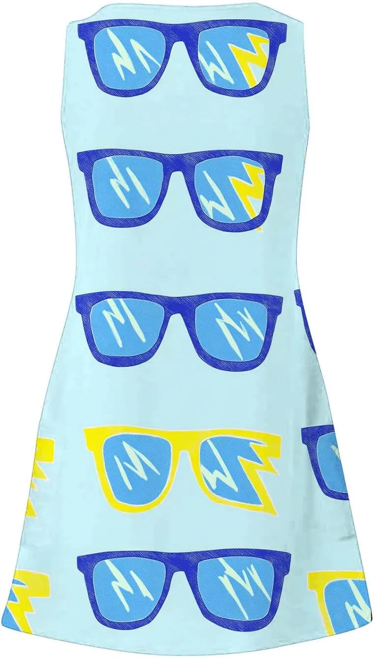 Beach Dresses Womens 2025 Vacation Sundress Summer Casual Boho Print Dress Sleeveless Crewneck Loose Short Tank Dress