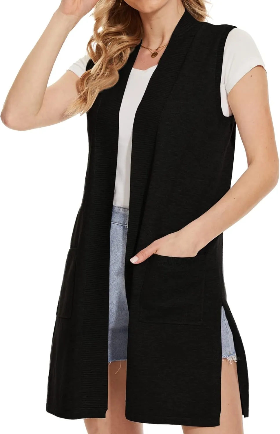 Beautiful Nomad Sleeveless Cardigans for Women Long Sweater Vest Jacket Ribbed Outerwear Coat with Pockets