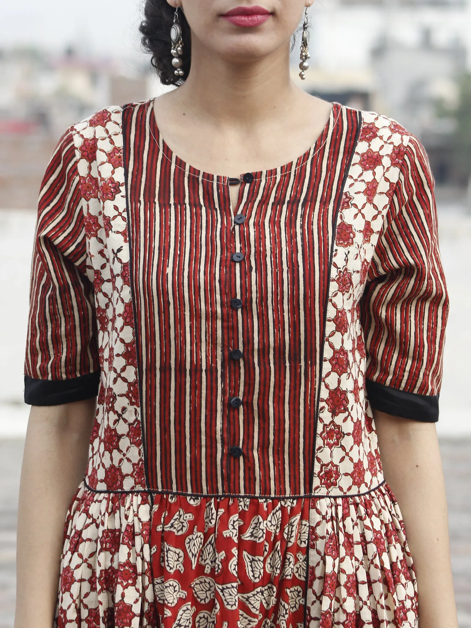 Beige Red Black Hand Block Printed Long Dress With Gathers -  D92F387
