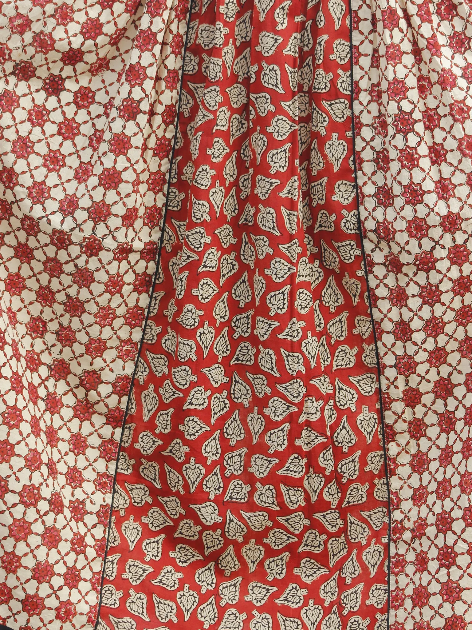Beige Red Black Hand Block Printed Long Dress With Gathers -  D92F387