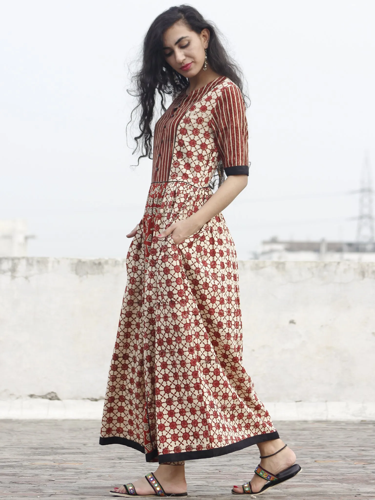 Beige Red Black Hand Block Printed Long Dress With Gathers -  D92F387