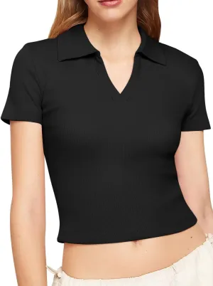 Bliwov Womens Summer V Neck Collared Work Tops Dressy Casual Short Sleeve Crop Polo Ribbed Shirts for Woman 2025 Trendy