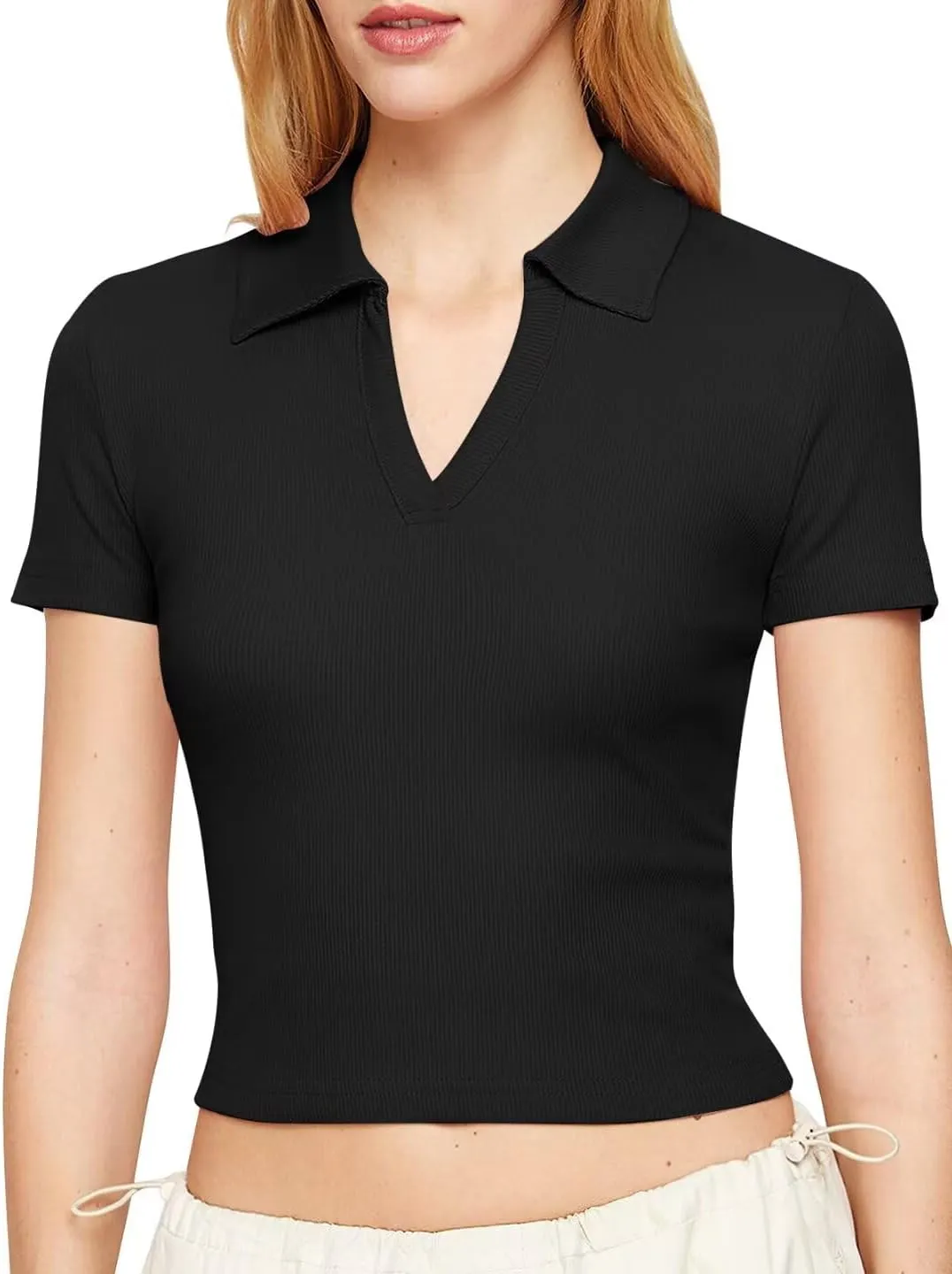 Bliwov Womens Summer V Neck Collared Work Tops Dressy Casual Short Sleeve Crop Polo Ribbed Shirts for Woman 2025 Trendy