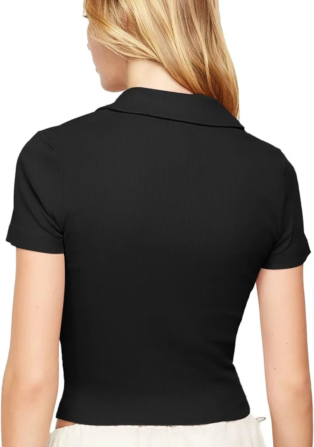 Bliwov Womens Summer V Neck Collared Work Tops Dressy Casual Short Sleeve Crop Polo Ribbed Shirts for Woman 2025 Trendy