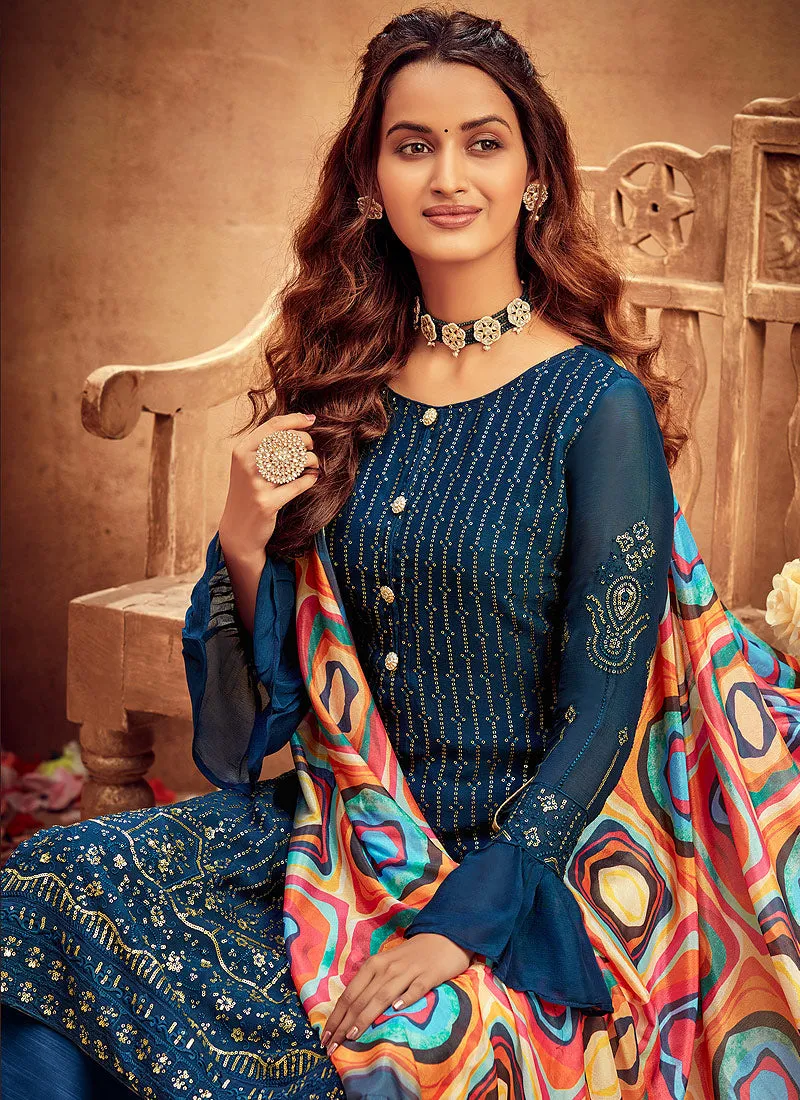 Blue Embroidered Designer Palazzo Suit