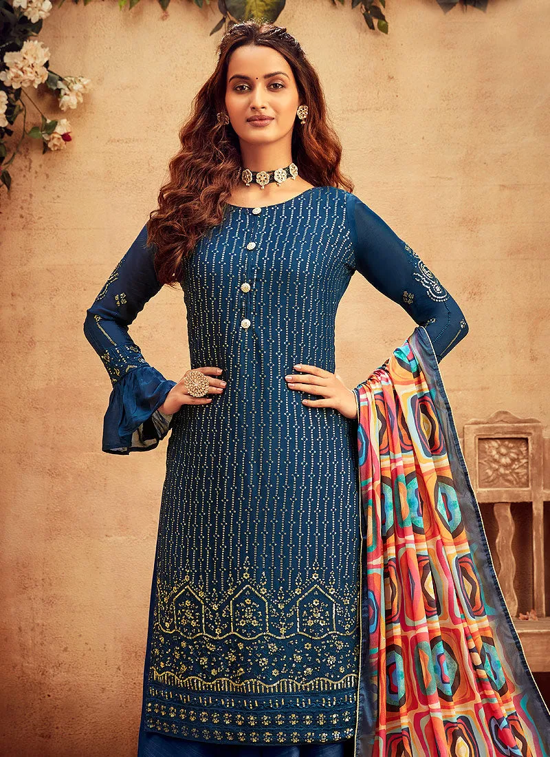 Blue Embroidered Designer Palazzo Suit