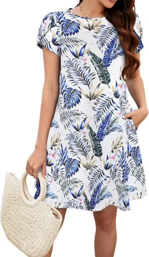 Bluetime Summer Dresses for Women 2025 Beach Boho Sundress Short Sleeve Pockets Loose Casual Tshirt Dress