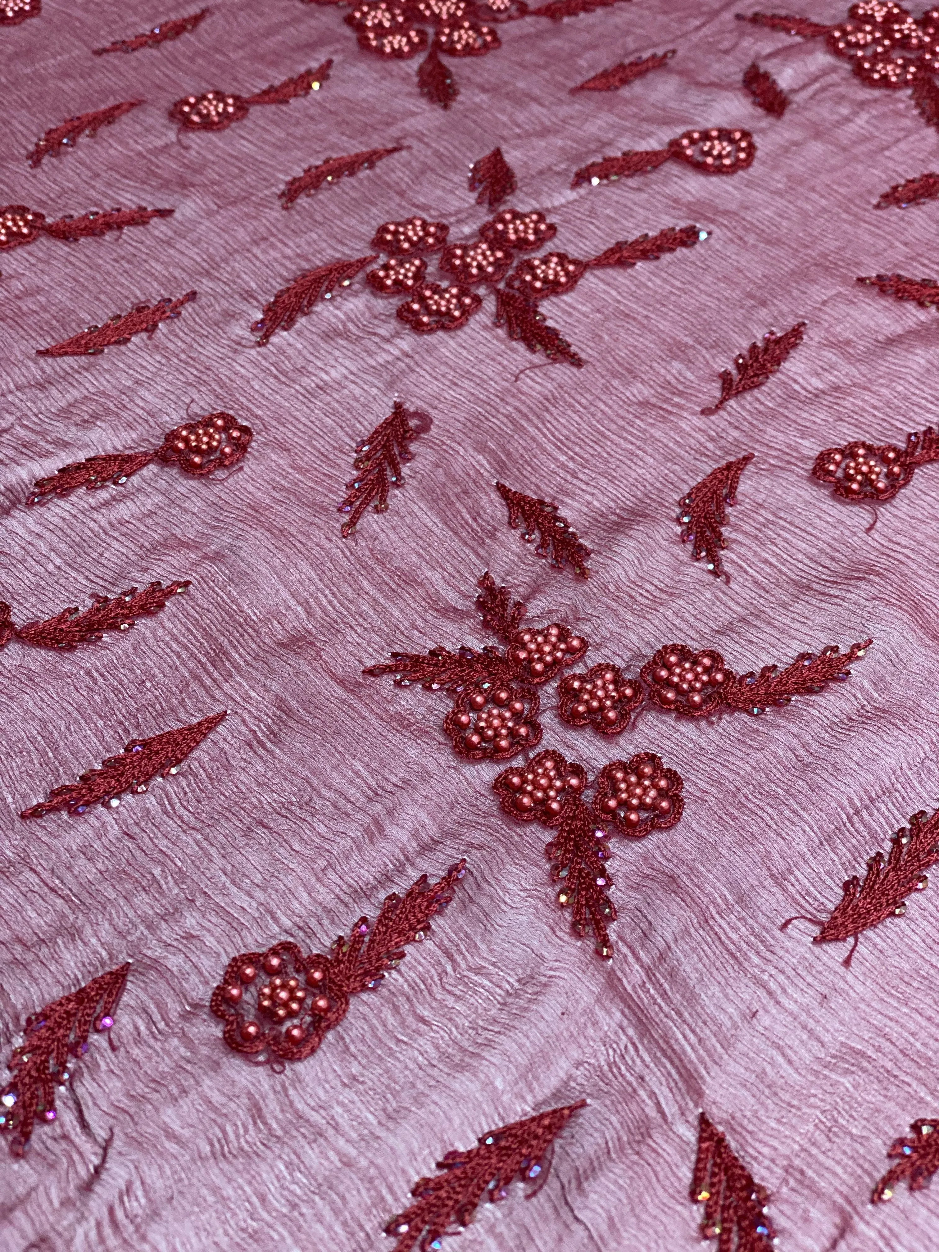 Burgundy Sequin & Beads On Silk Chiffon JEC-093-4 Fabric