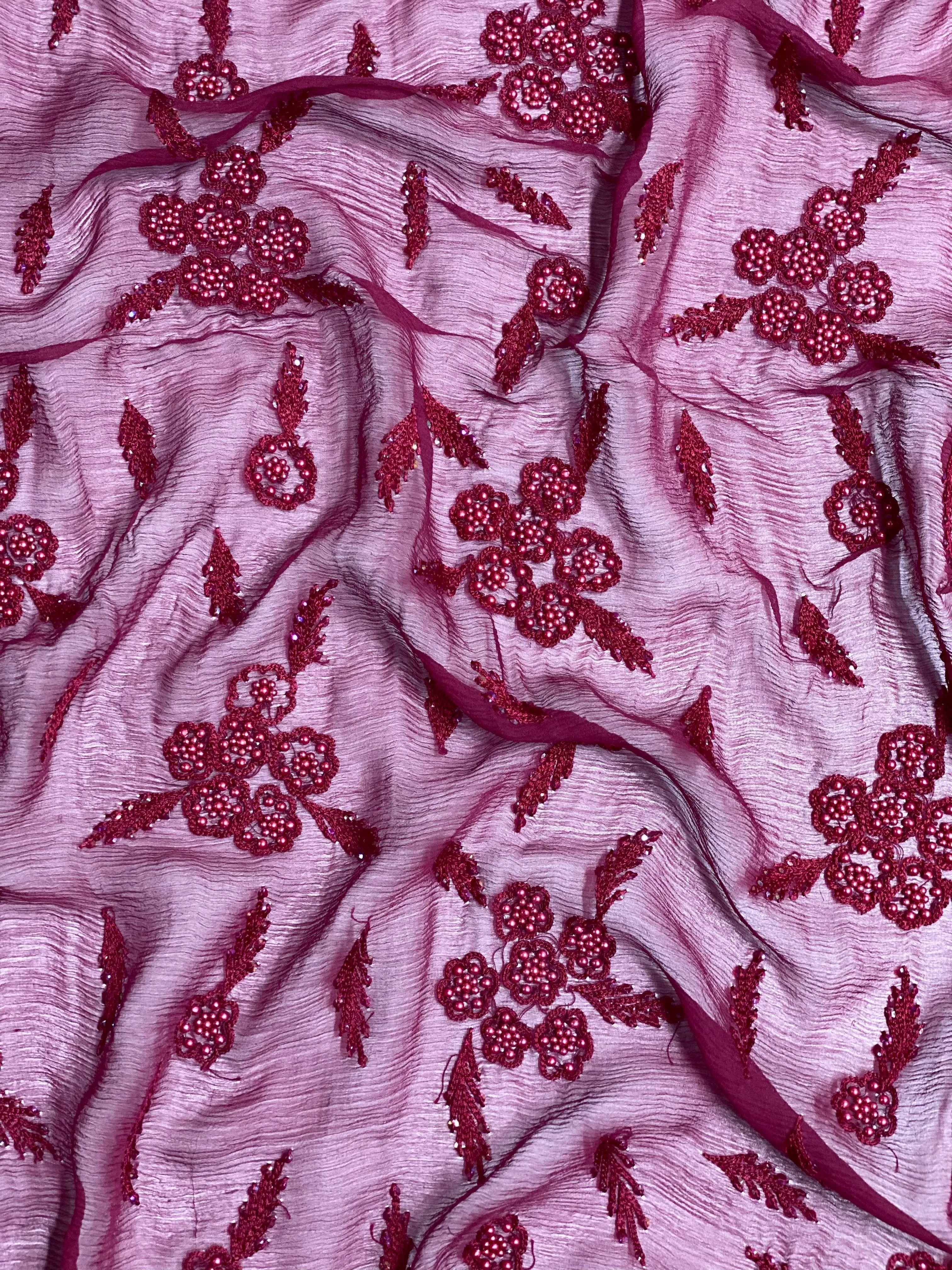 Burgundy Sequin & Beads On Silk Chiffon JEC-093-4 Fabric