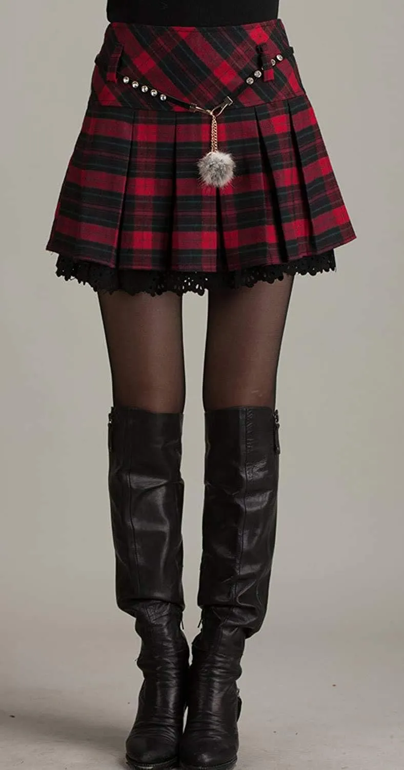 chouyatou Women's A-Line Plaid Wool Blend Pleated Skirt Side Zipper