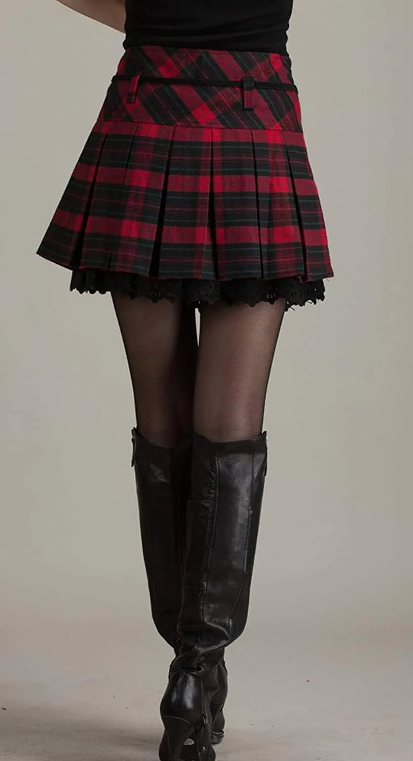 chouyatou Women's A-Line Plaid Wool Blend Pleated Skirt Side Zipper