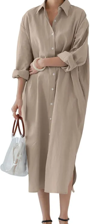 chouyatou Women's Casual Long Sleeve Button Down Maxi Shirt Dress Spring Summer Tunic Dress