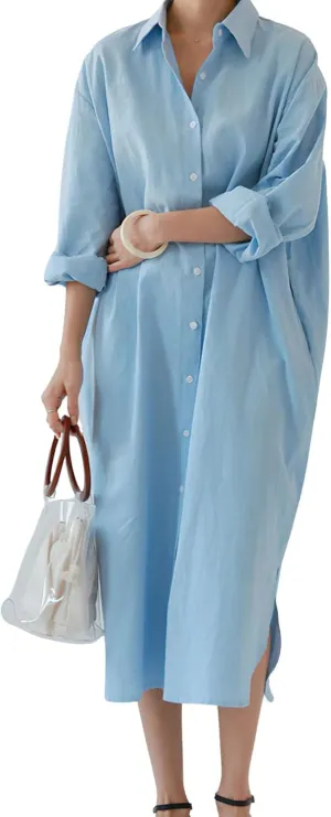 chouyatou Women's Casual Long Sleeve Button Down Maxi Shirt Dress Spring Summer Tunic Dress
