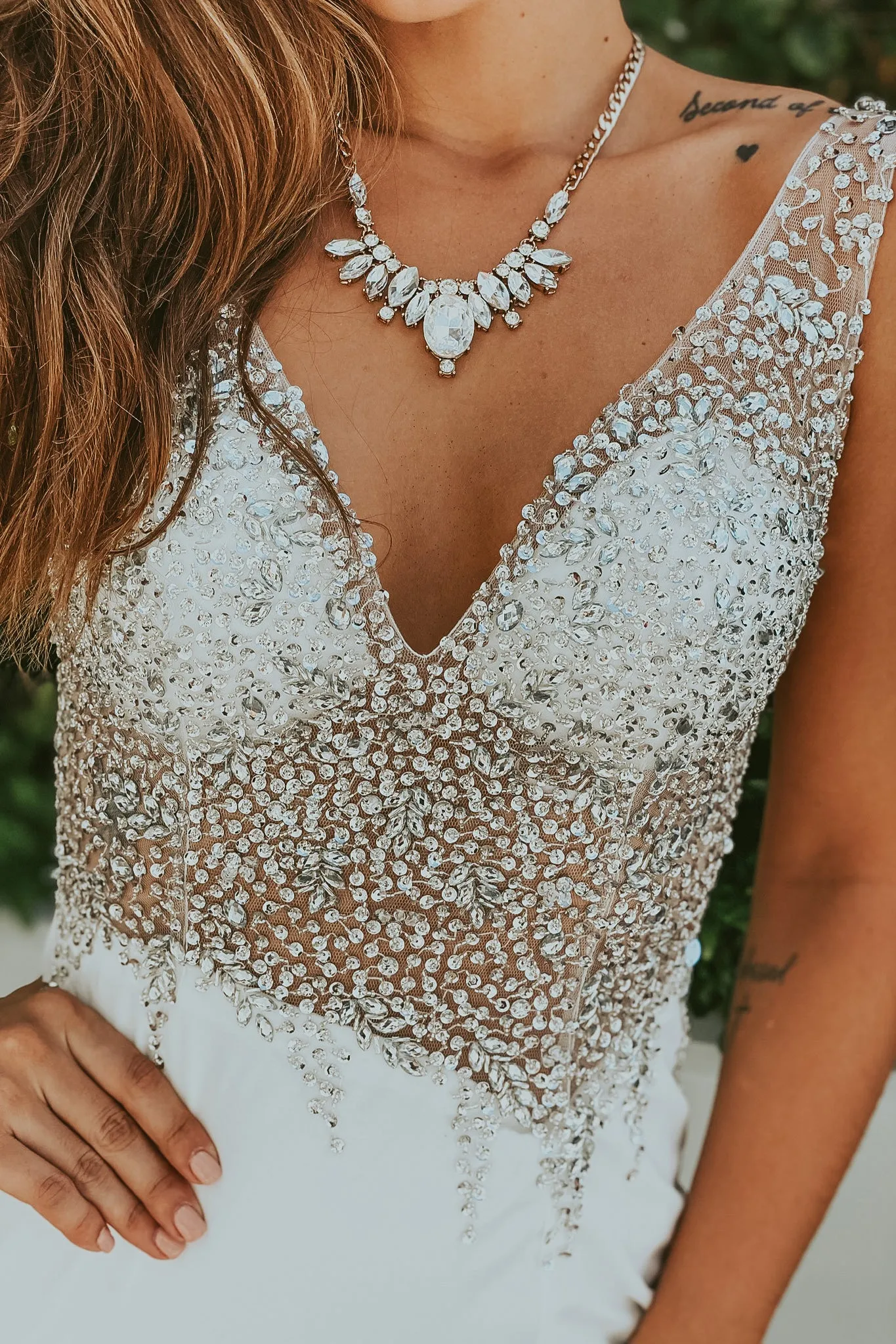 Cream Jeweled Top Maxi Dress with Open Back