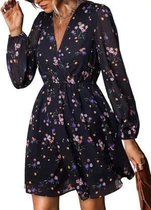 CUPSHE Women's Mini Dresses Casual Spring V Neck Chiffon Long Peasant Sleeves Flowy Summer Dress