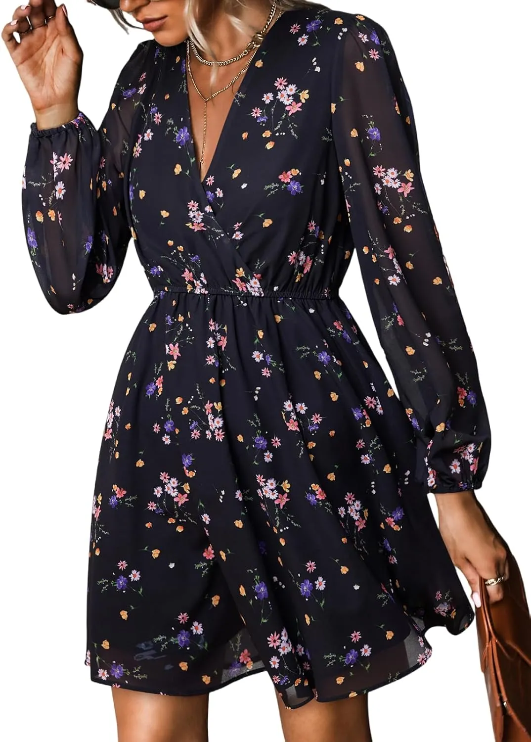 CUPSHE Women's Mini Dresses Casual Spring V Neck Chiffon Long Peasant Sleeves Flowy Summer Dress