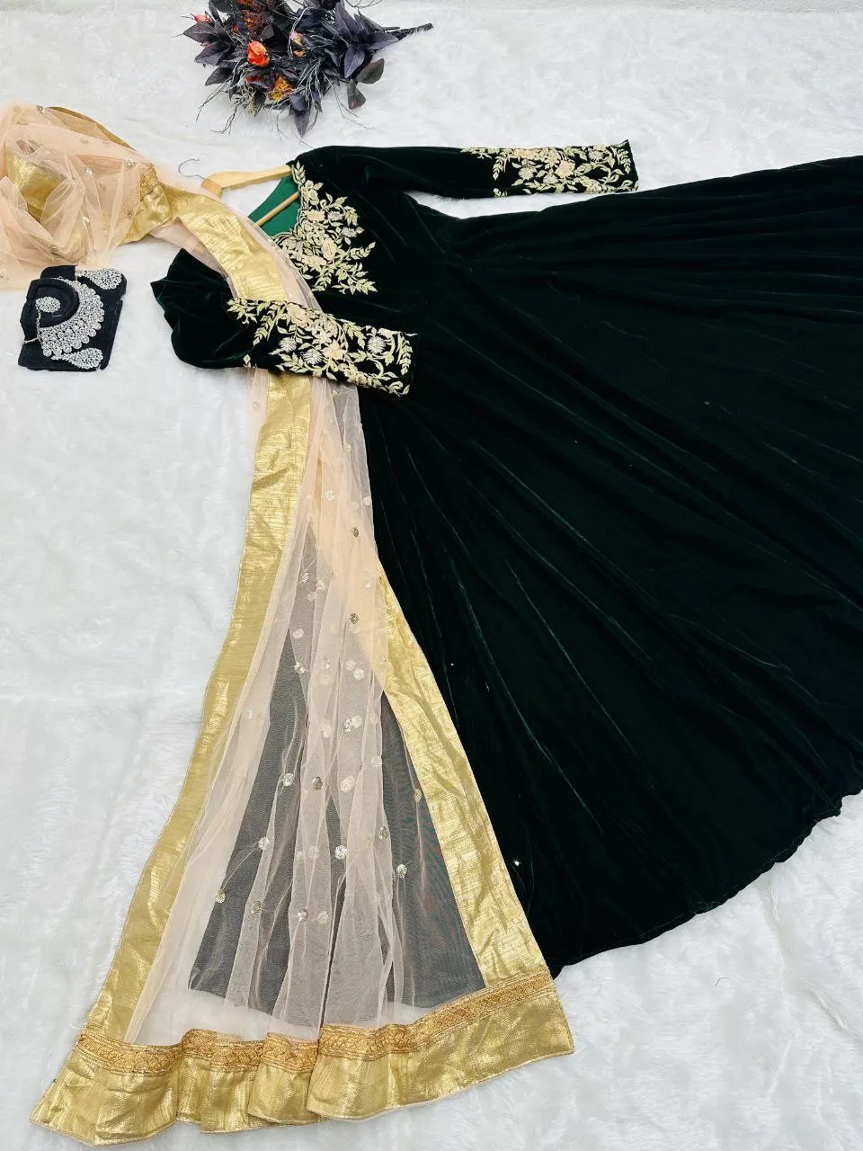 Dark Green Anarkali Gown in Velvet with Embroidery Work
