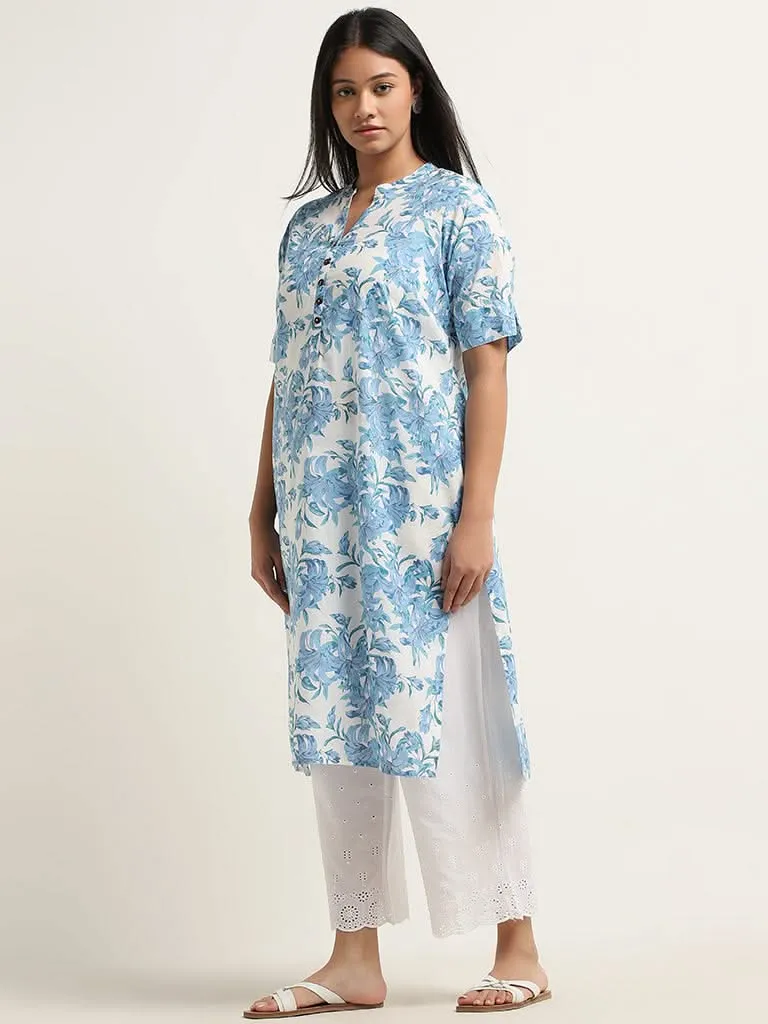 Diza Blue Floral Printed Straight Kurta