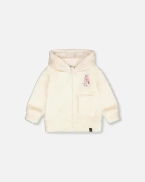 DPD Plush Hooded Zip up Cream Jacket with Flowers