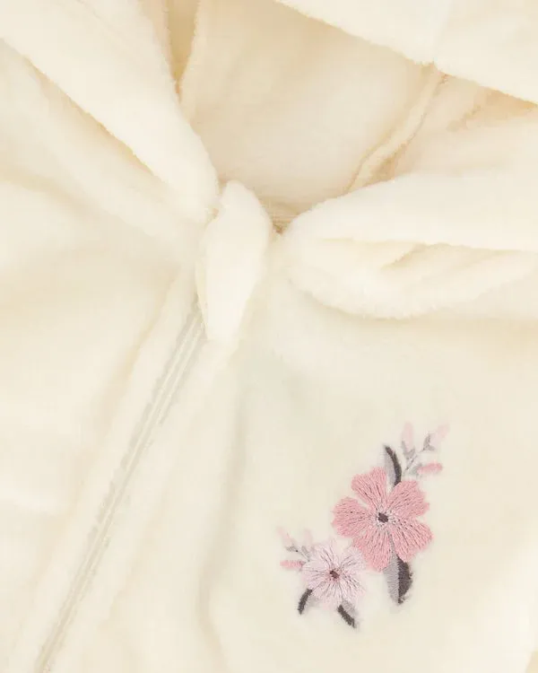 DPD Plush Hooded Zip up Cream Jacket with Flowers