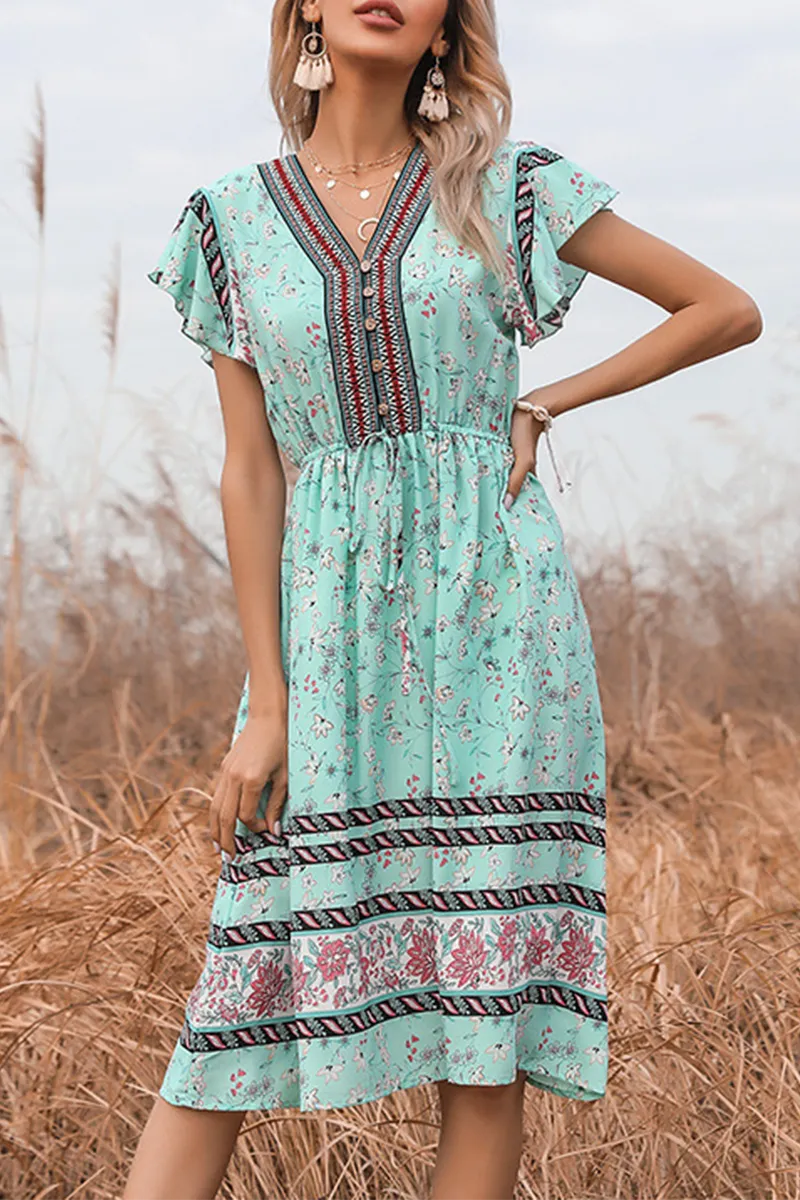 Dunnmall Elegant Floral Frenulum Buckle V Neck A Line Dresses