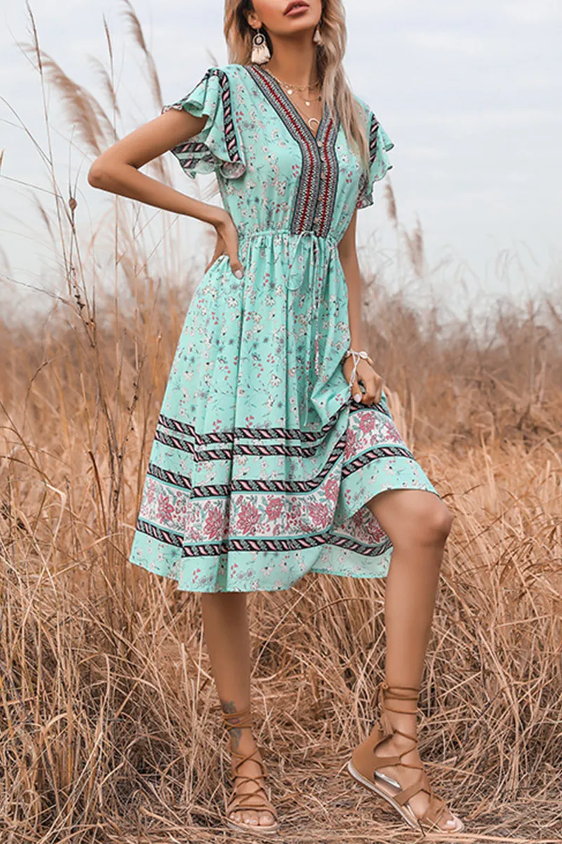 Dunnmall Elegant Floral Frenulum Buckle V Neck A Line Dresses