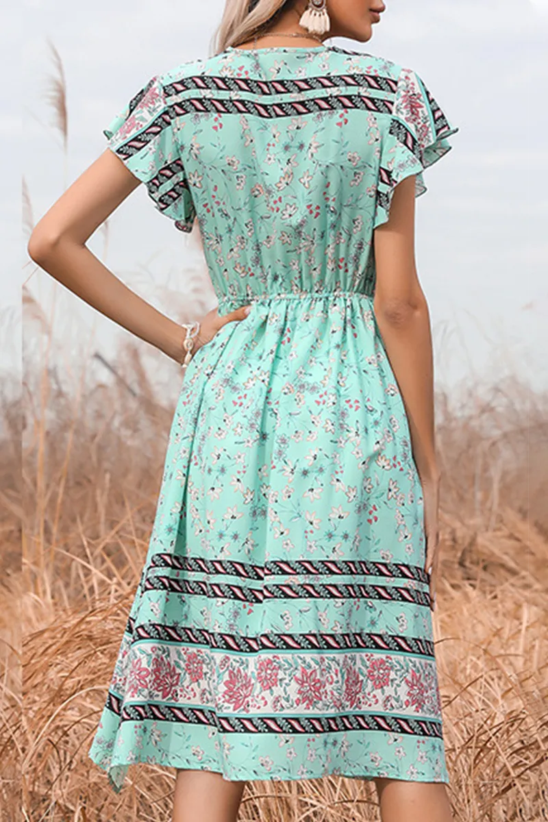 Dunnmall Elegant Floral Frenulum Buckle V Neck A Line Dresses