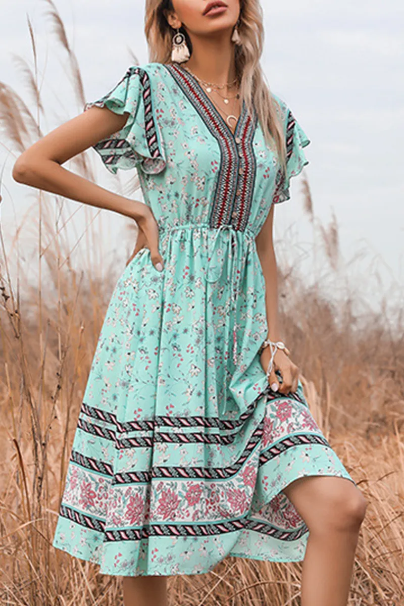 Dunnmall Elegant Floral Frenulum Buckle V Neck A Line Dresses
