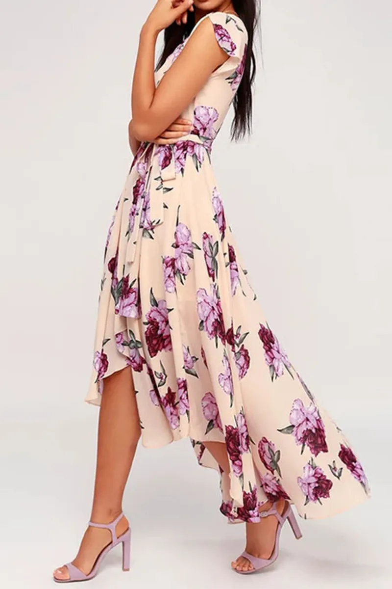 Dunnmall Elegant Floral Frenulum With Belt Irregular Dress Dresses