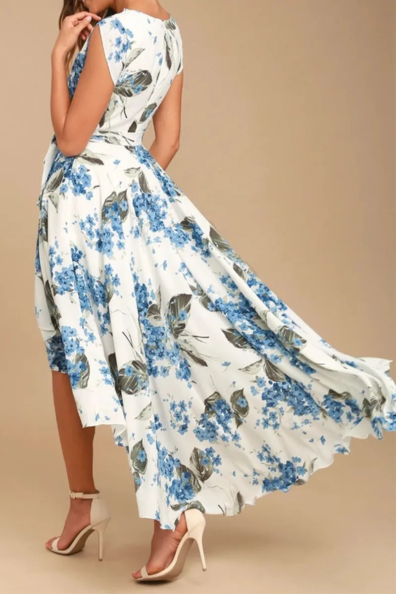 Dunnmall Elegant Floral Frenulum With Belt Irregular Dress Dresses