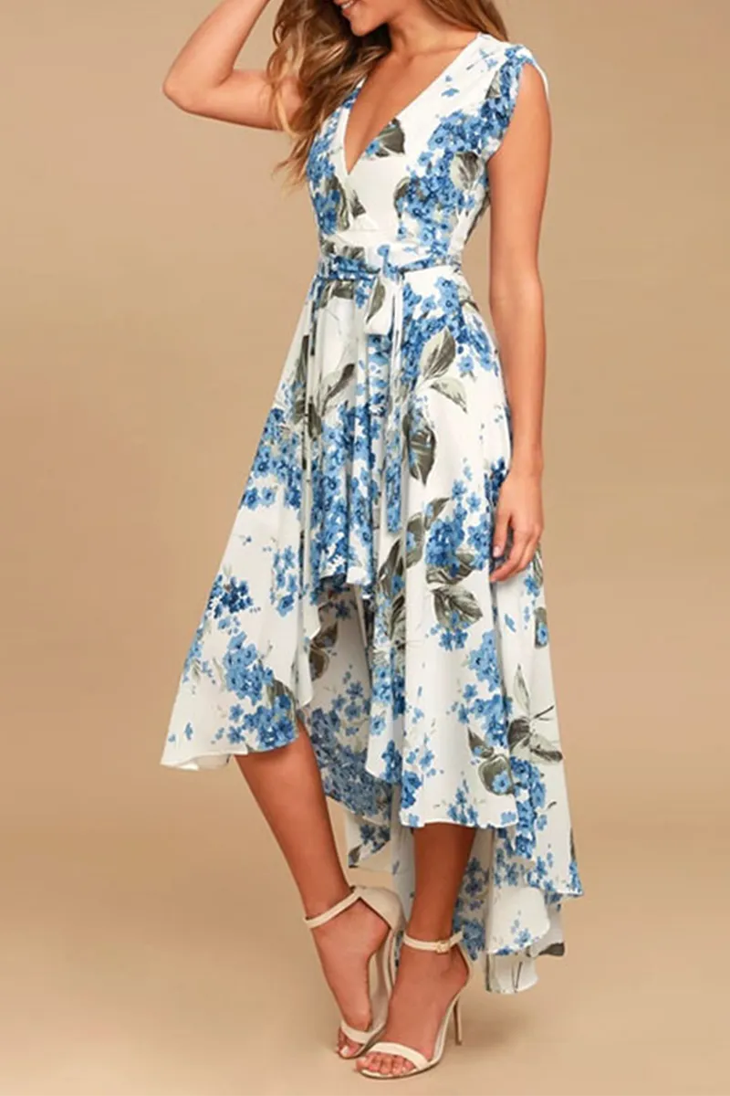 Dunnmall Elegant Floral Frenulum With Belt Irregular Dress Dresses