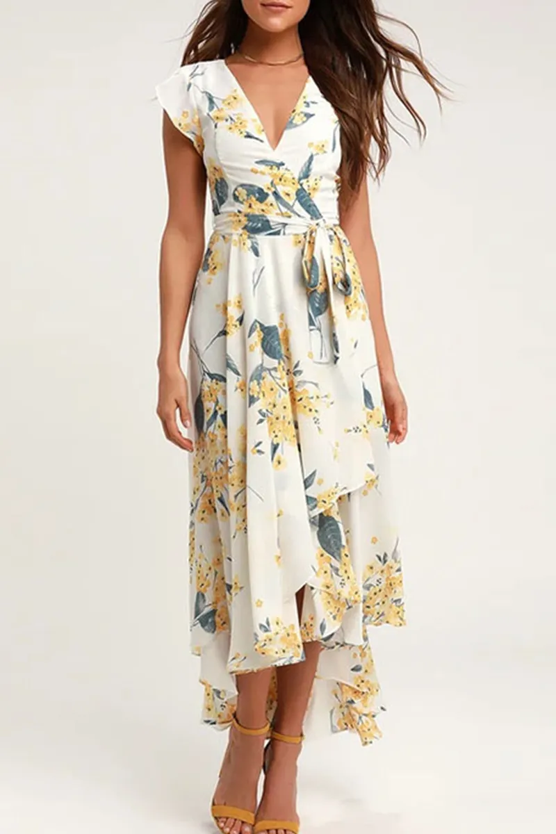 Dunnmall Elegant Floral Frenulum With Belt Irregular Dress Dresses