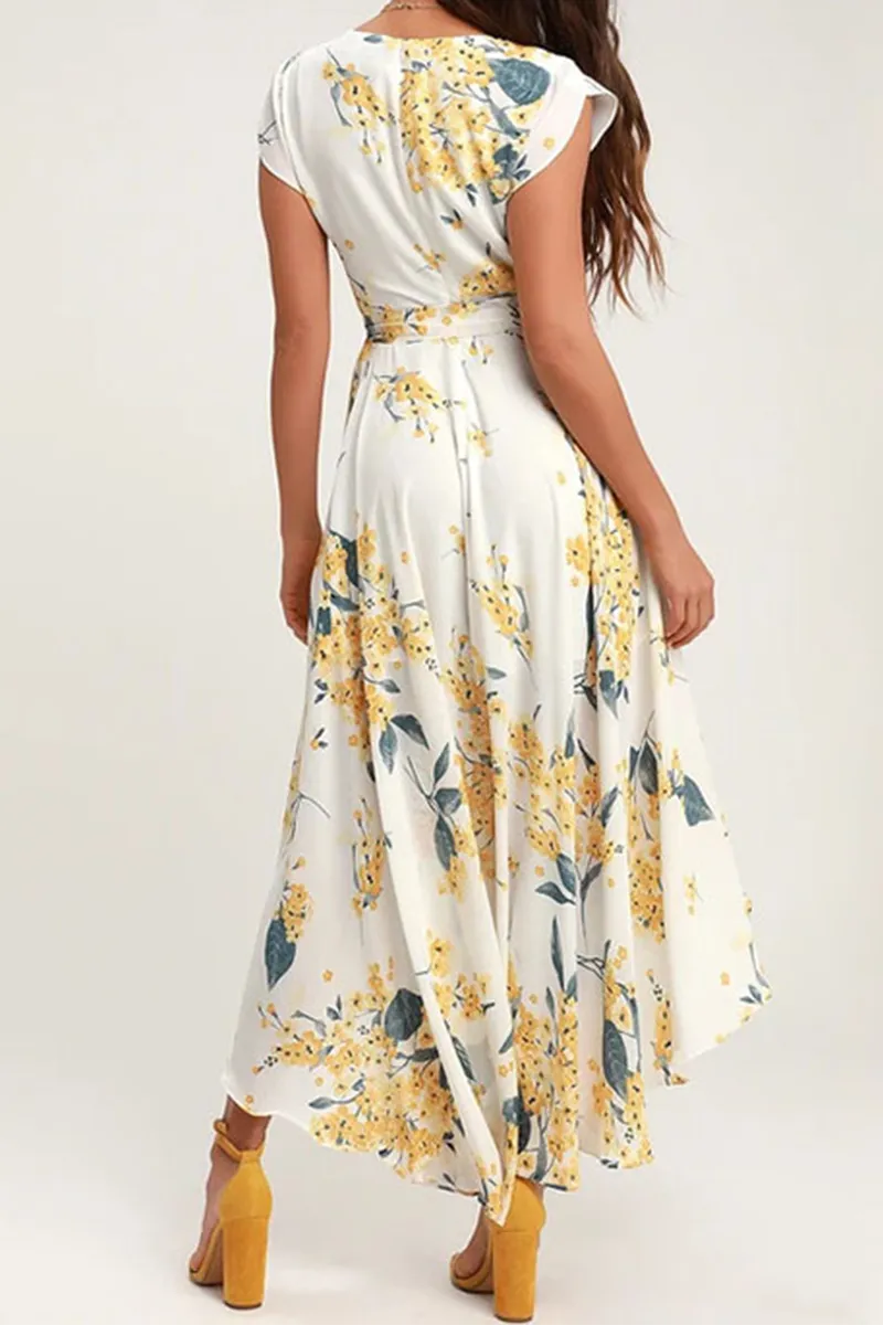 Dunnmall Elegant Floral Frenulum With Belt Irregular Dress Dresses