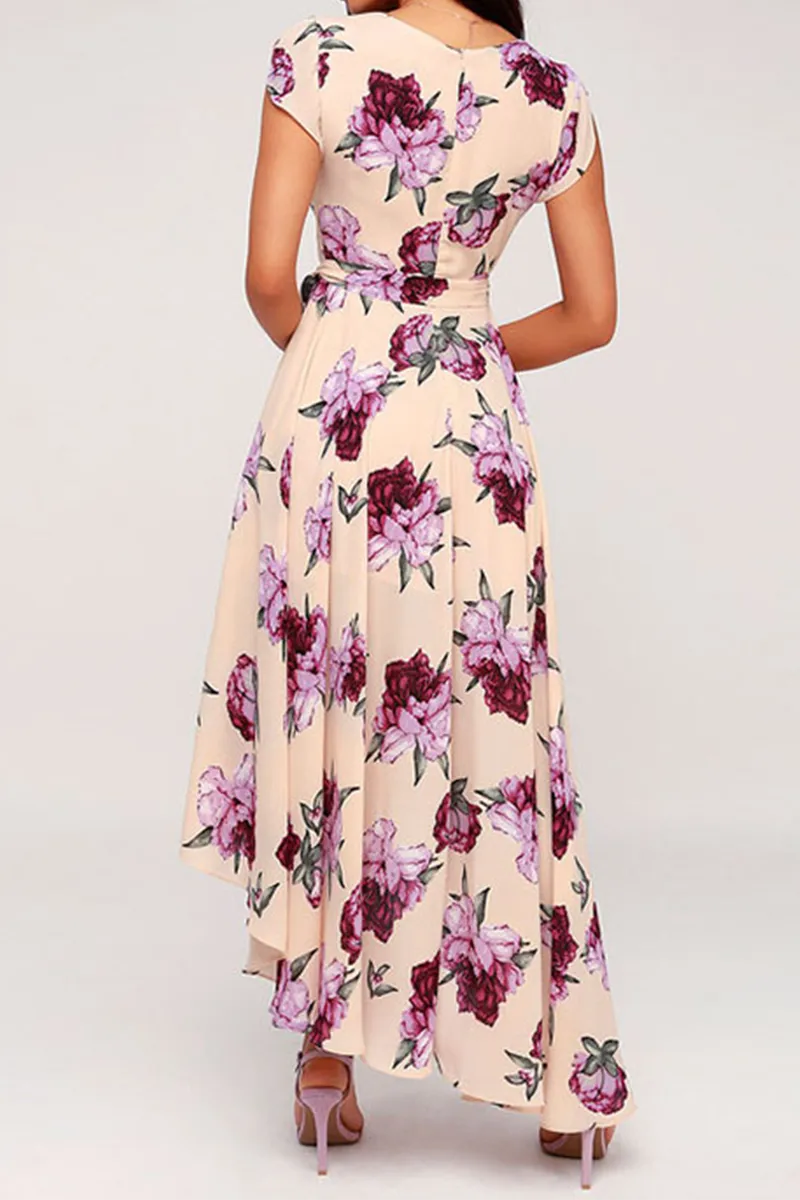 Dunnmall Elegant Floral Frenulum With Belt Irregular Dress Dresses