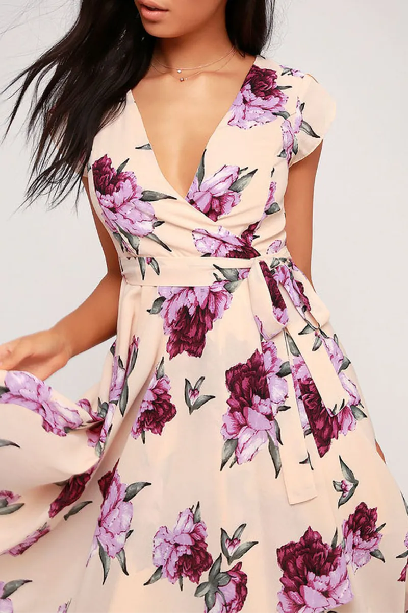 Dunnmall Elegant Floral Frenulum With Belt Irregular Dress Dresses