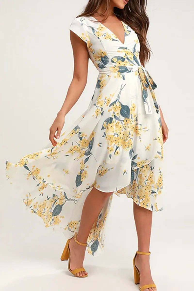 Dunnmall Elegant Floral Frenulum With Belt Irregular Dress Dresses