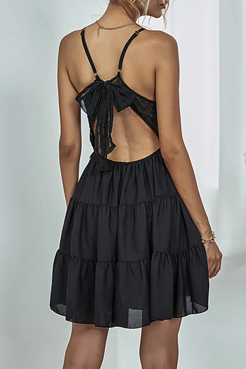 Dunnmall Fashion Elegant Print Backless With Bow V Neck A Line Dresses